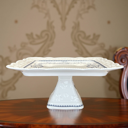 Elegant White Ceramic Cake/Snacks Stand with Blue Detailing (M)