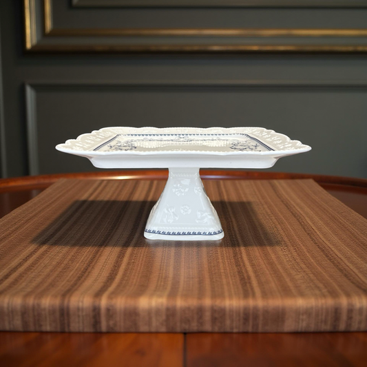 Elegant White Ceramic Cake/Snacks Stand with Blue Detailing (M)