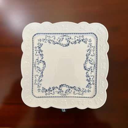 Elegant White Ceramic Cake/Snacks Stand with Blue Detailing (M)