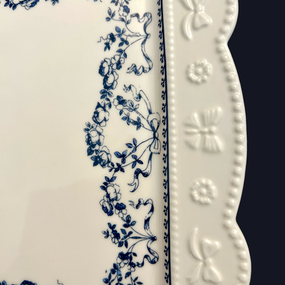 Elegant White Ceramic Cake/Snacks Stand with Blue Detailing (M)
