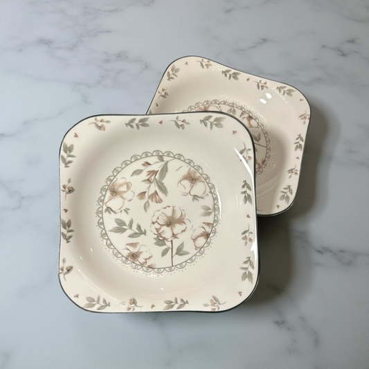 Rustic Beige Floral Ceramic Plates Set of 2 (S)