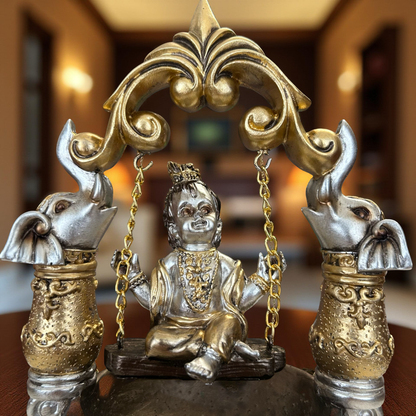 Lord Krishna on Elephant Swing Idol – Decorative Krishna Jhula Statue