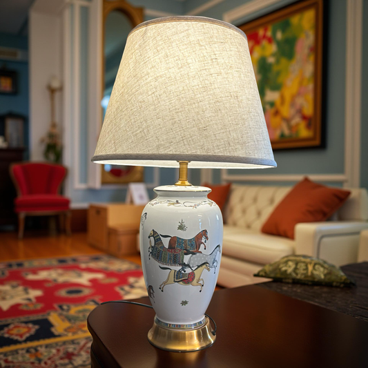 Classic White Ceramic Lamp with Horse Pattern – Premium Tabletop Light