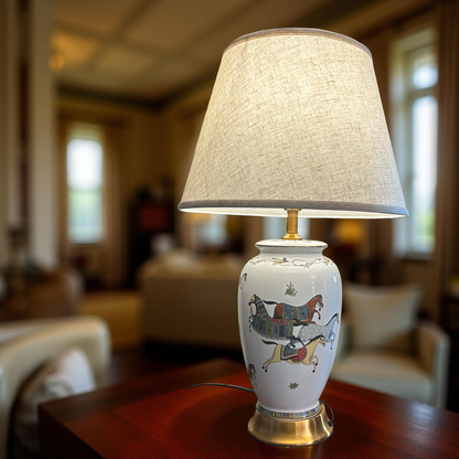 Classic White Ceramic Lamp with Horse Pattern – Premium Tabletop Light