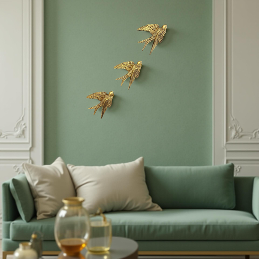 Set of 3 Golden Flying Bird Wall Hangings Towards Right Direction
