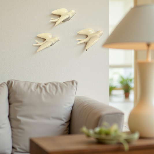 Elegant White Bird Wall Décor towards Right Direction - Set of 3