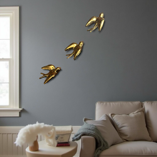 Elegant Golden Bird Wall Décor towards Right Direction - Set of 3