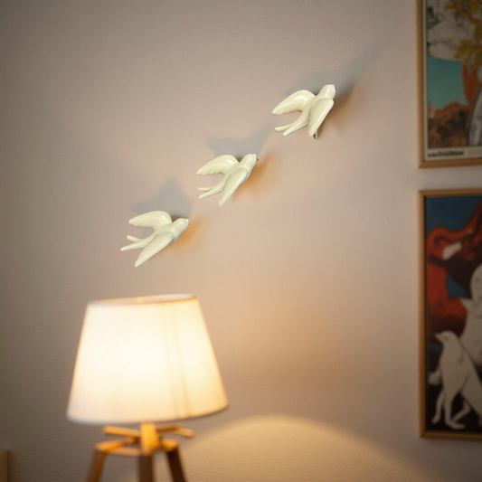 Elegant White Bird Wall Décor towards Right Direction - Set of 3