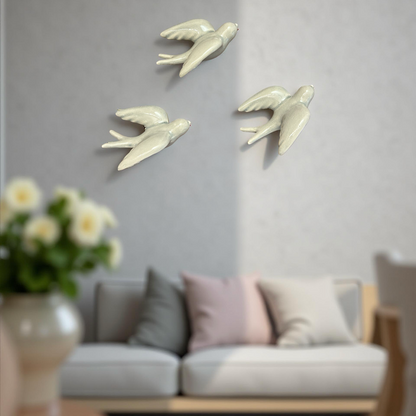 Elegant White Bird Wall Décor towards Right Direction - Set of 3