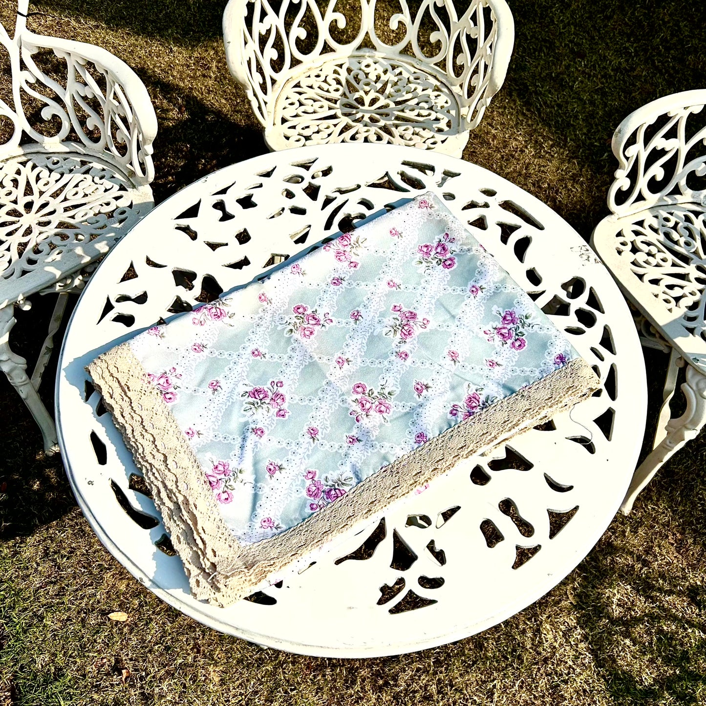 Pastel Blue Floral Table Cloth with Rose Print