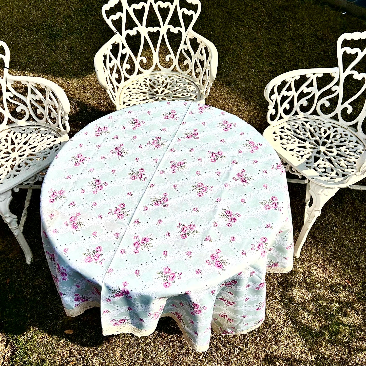 Pastel Blue Floral Table Cloth with Rose Print