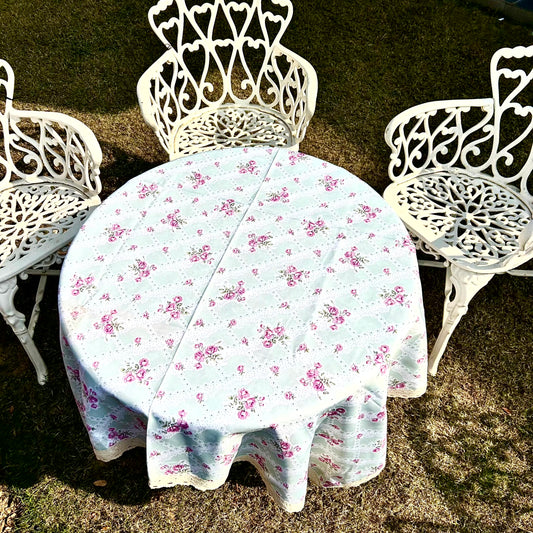 Pastel Blue Floral Table Cloth with Rose Print