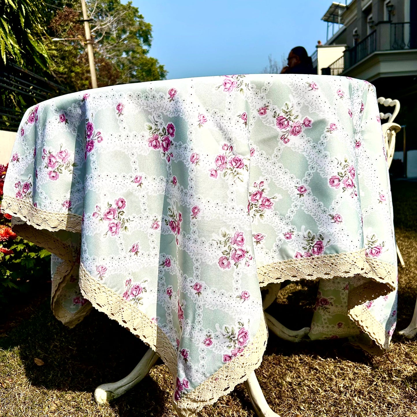 Pastel Blue Floral Table Cloth with Rose Print