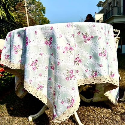 Pastel Blue Floral Table Cloth with Rose Print