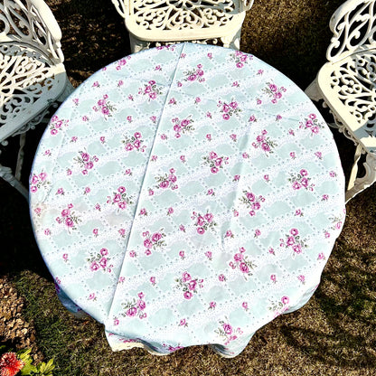Pastel Blue Floral Table Cloth with Rose Print