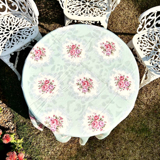 Vintage Rose Round Tablecloth – Pastel Green Floral Table Linen