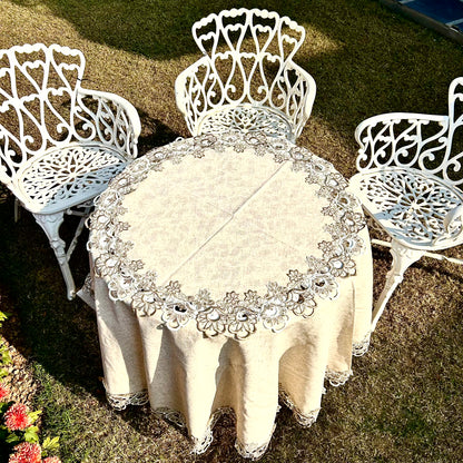 Beige Linen Round Tablecloth with Elegant Lace Border