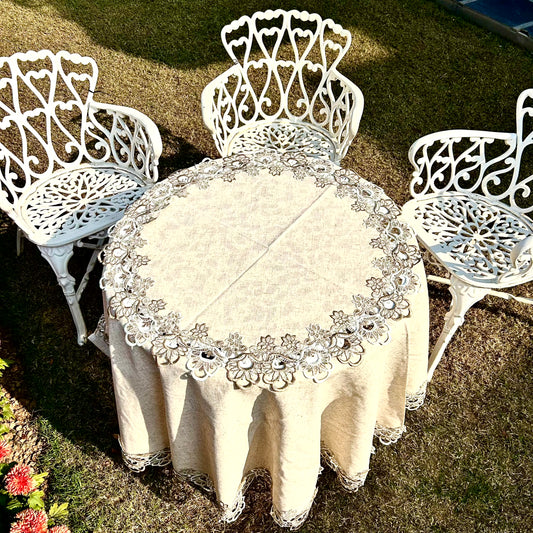 Beige Linen Round Tablecloth with Elegant Lace Border