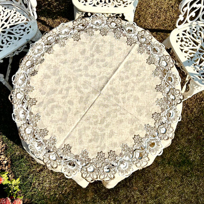 Beige Linen Round Tablecloth with Elegant Lace Border