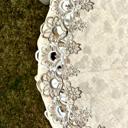 Beige Linen Round Tablecloth with Elegant Lace Border