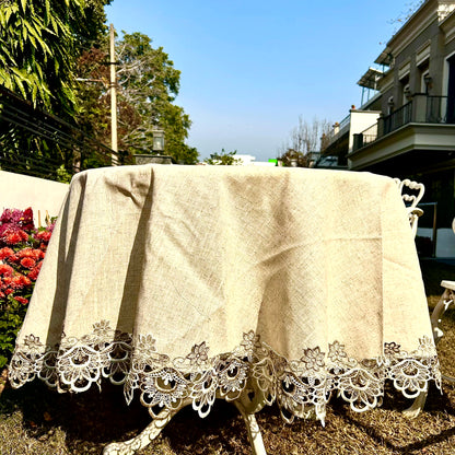 Beige Linen Round Tablecloth with Elegant Lace Border