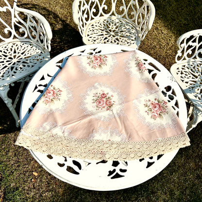 Vintage Rose Round Tablecloth – Blush Peach with Lace Border