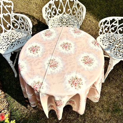 Vintage Rose Round Tablecloth – Blush Peach with Lace Border