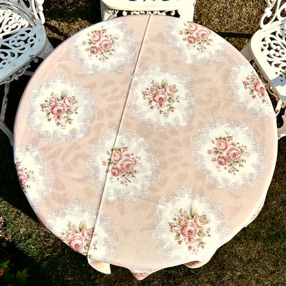 Vintage Rose Round Tablecloth – Blush Peach with Lace Border