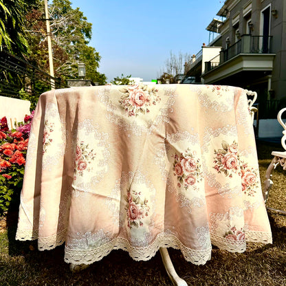 Vintage Rose Round Tablecloth – Blush Peach with Lace Border