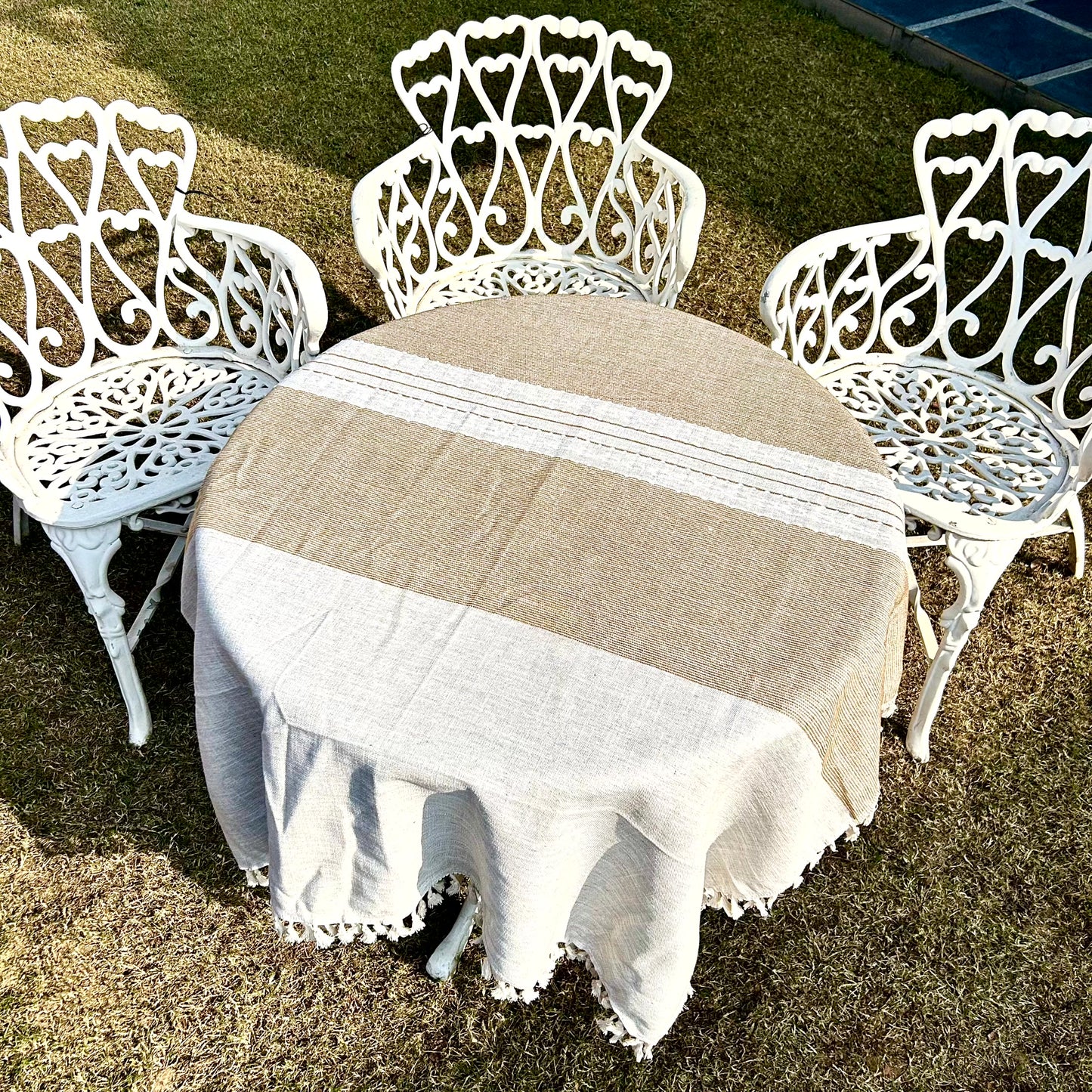 Natural Cotton Tablecloth with Tassel Fringe – Beige & Ivory