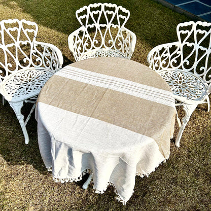 Natural Cotton Tablecloth with Tassel Fringe – Beige & Ivory