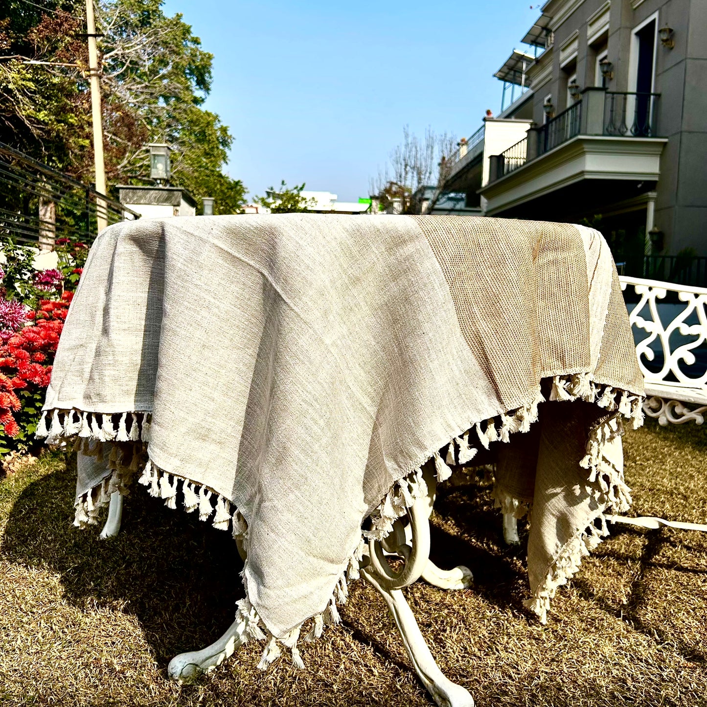 Natural Cotton Tablecloth with Tassel Fringe – Beige & Ivory