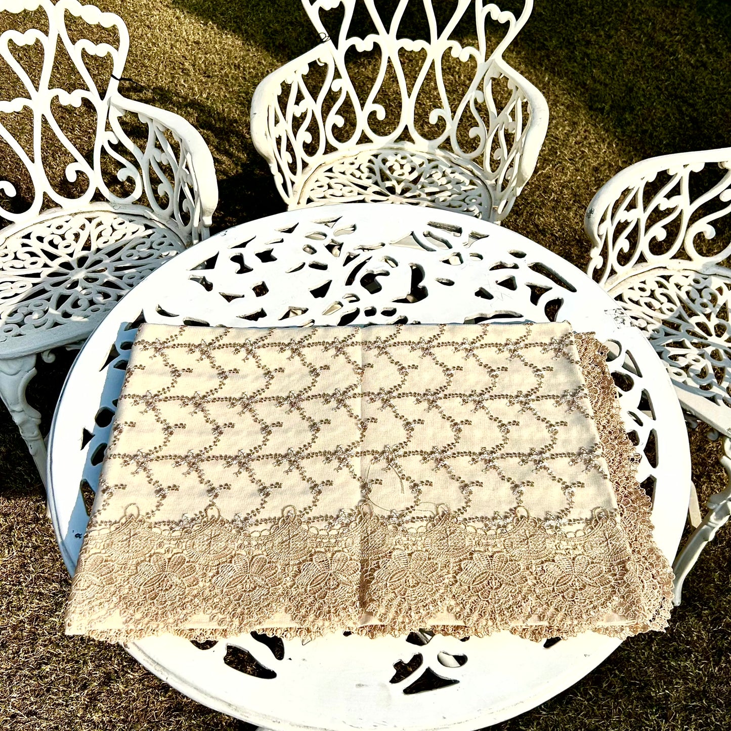 Ivory Embroidered Tablecloth with Elegant Lace Border