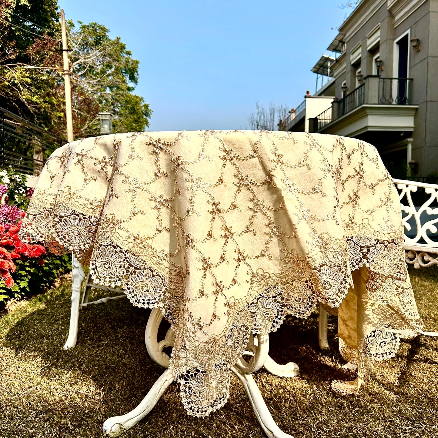 Ivory Embroidered Tablecloth with Elegant Lace Border