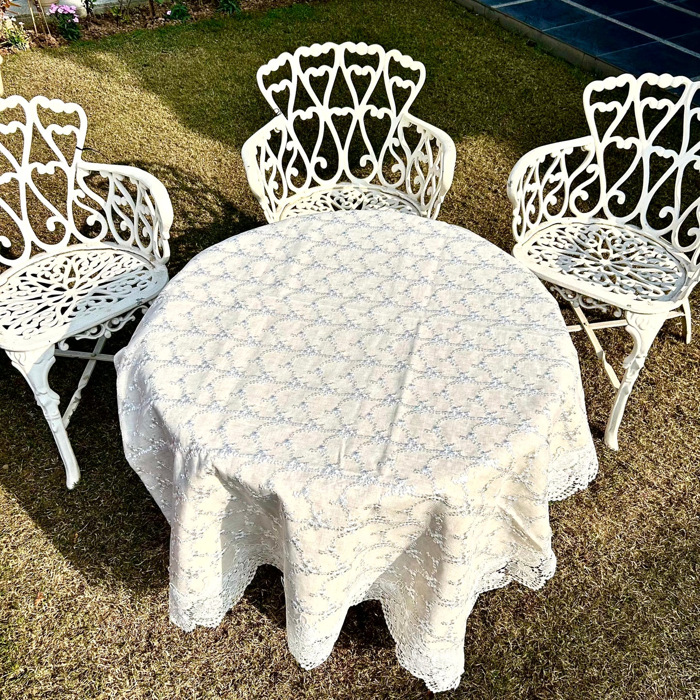 Ivory Embroidered Rectangular Tablecloth with Elegant Lace Border