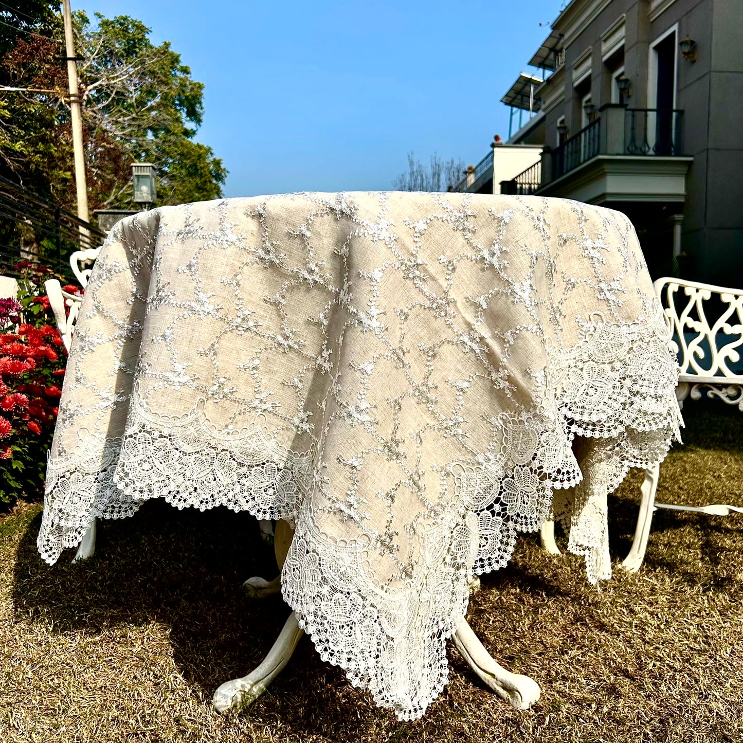 Ivory Embroidered Rectangular Tablecloth with Elegant Lace Border