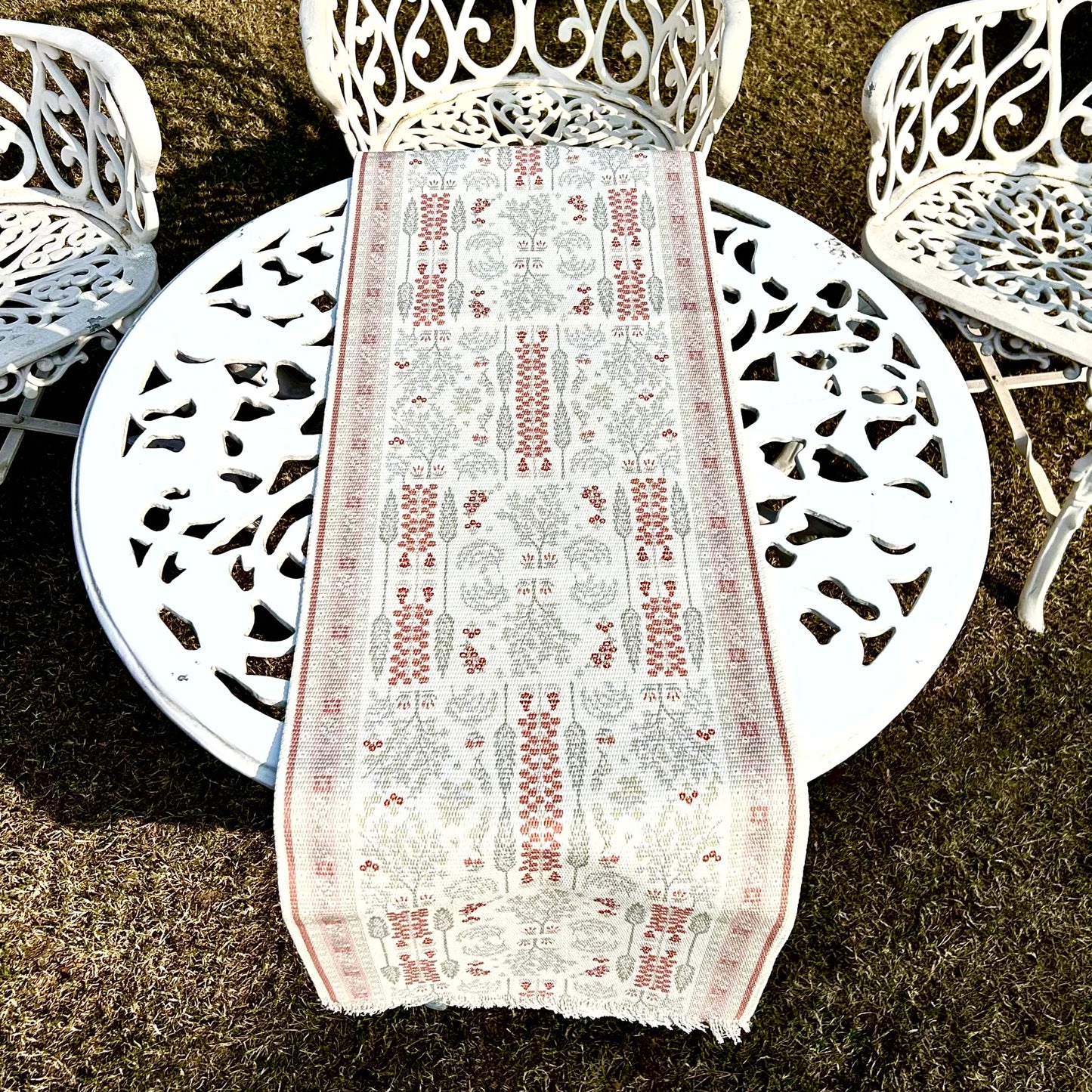 Traditional Woven Table Runner – Ivory with Red & Grey Motifs