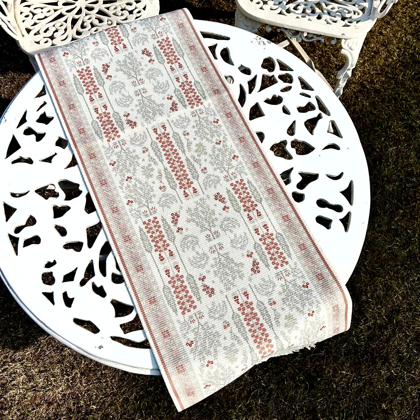 Traditional Woven Table Runner – Ivory with Red & Grey Motifs