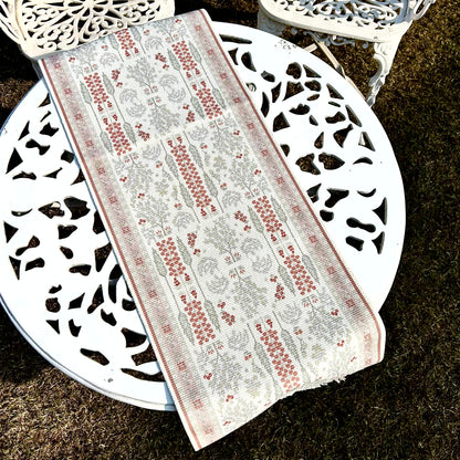 Traditional Woven Table Runner – Ivory with Red & Grey Motifs
