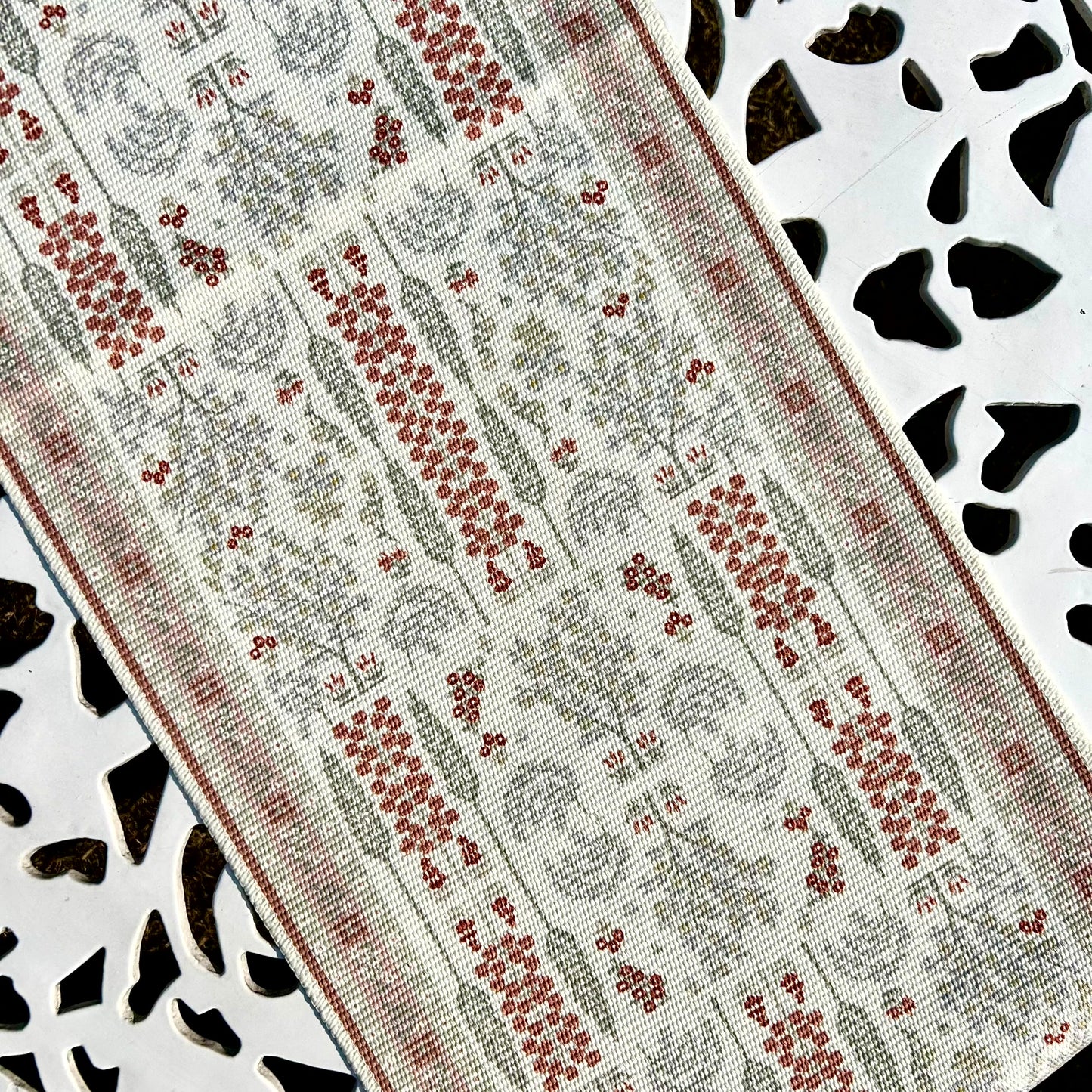 Traditional Woven Table Runner – Ivory with Red & Grey Motifs