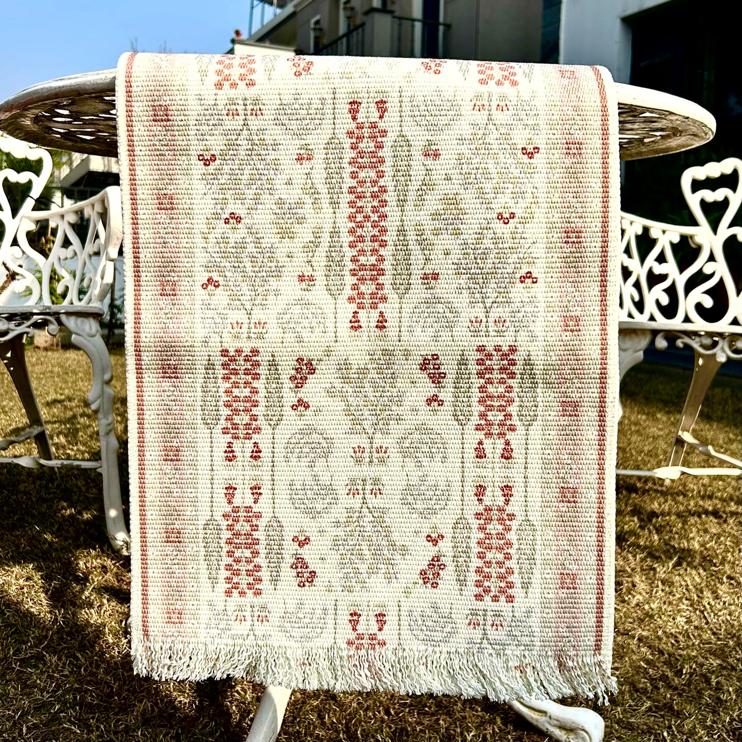 Traditional Woven Table Runner – Ivory with Red & Grey Motifs