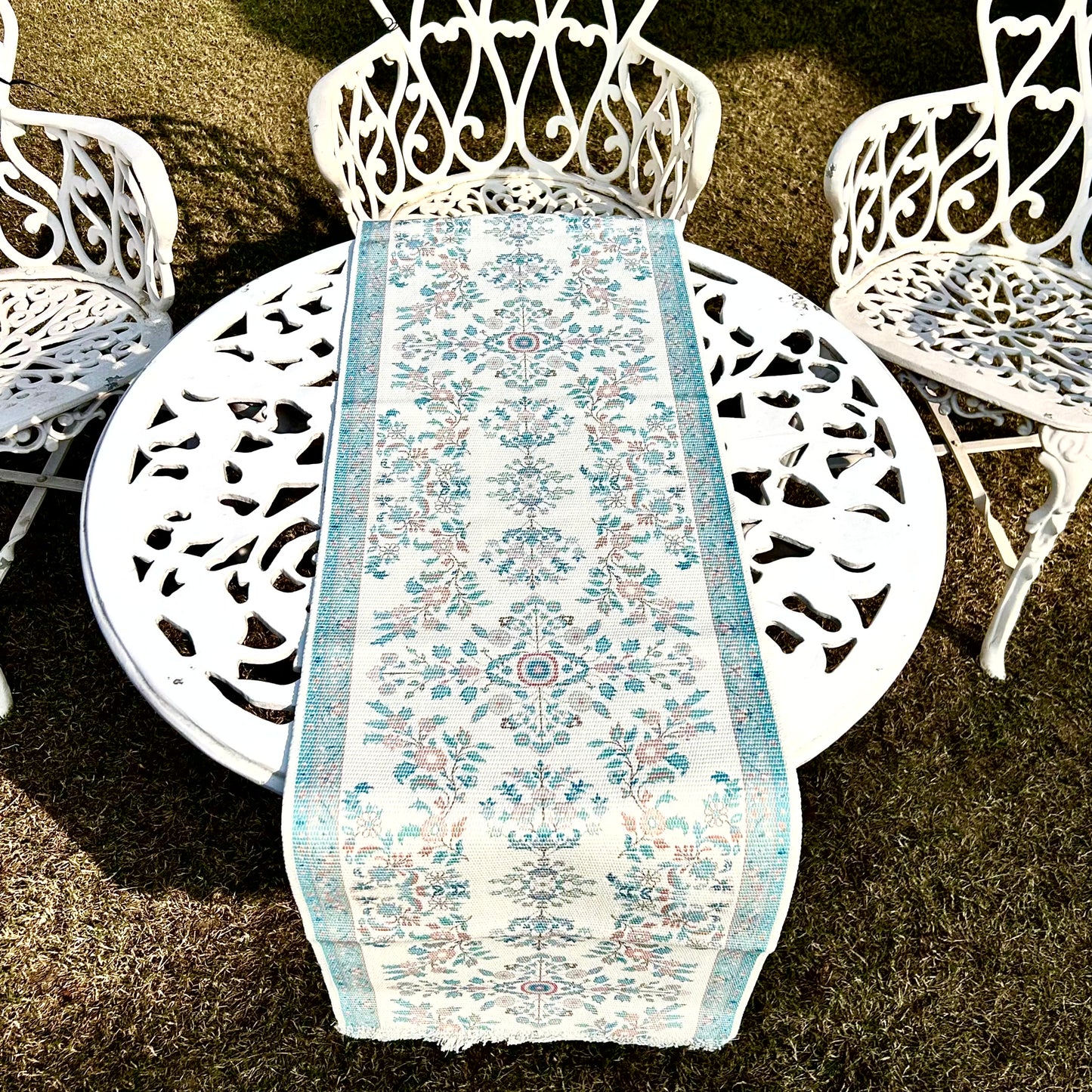 Floral Woven Table Runner – Aqua Blue with Soft Blush Accents