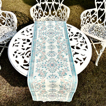Floral Woven Table Runner – Aqua Blue with Soft Blush Accents
