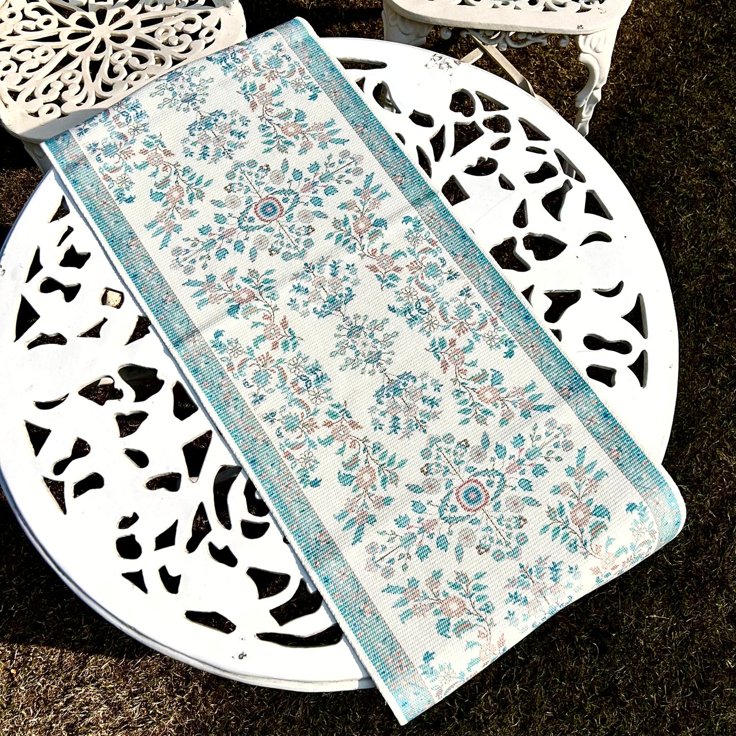 Floral Woven Table Runner – Aqua Blue with Soft Blush Accents