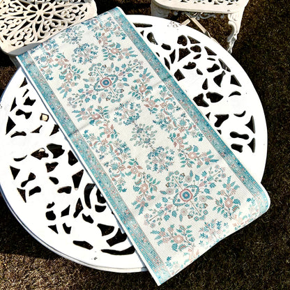 Floral Woven Table Runner – Aqua Blue with Soft Blush Accents