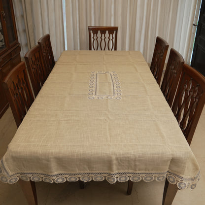 Beige Textured Table Cloth with Lace Border (8 Seater)