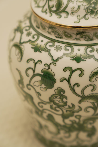Elegant Green Floral Ceramic Ginger Jar
