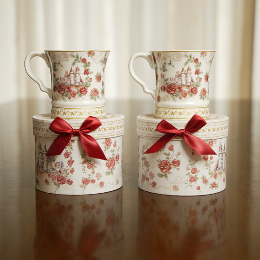 Vintage Rose Castle Ceramic Coffee Mug with Luxury Round Gift Box