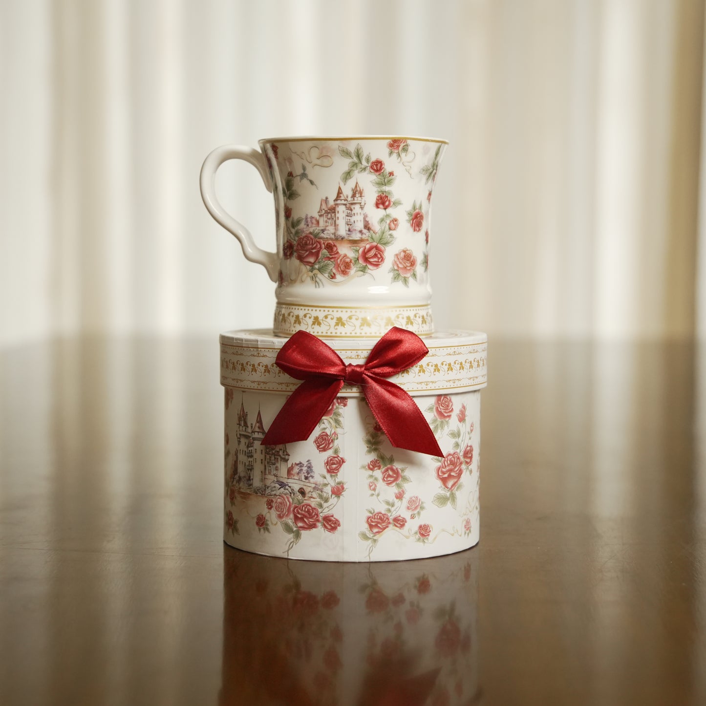 Vintage Rose Castle Ceramic Coffee Mug with Luxury Round Gift Box