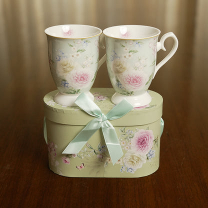 Blossom Elegance Ceramic Mug Set of 2 with Luxury Round Gift Box